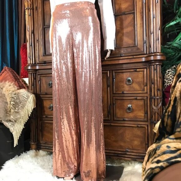 Culpos x INC Nude Pink Stretch Sequin High Waist Wide Leg Pant - Picture 2 of 9